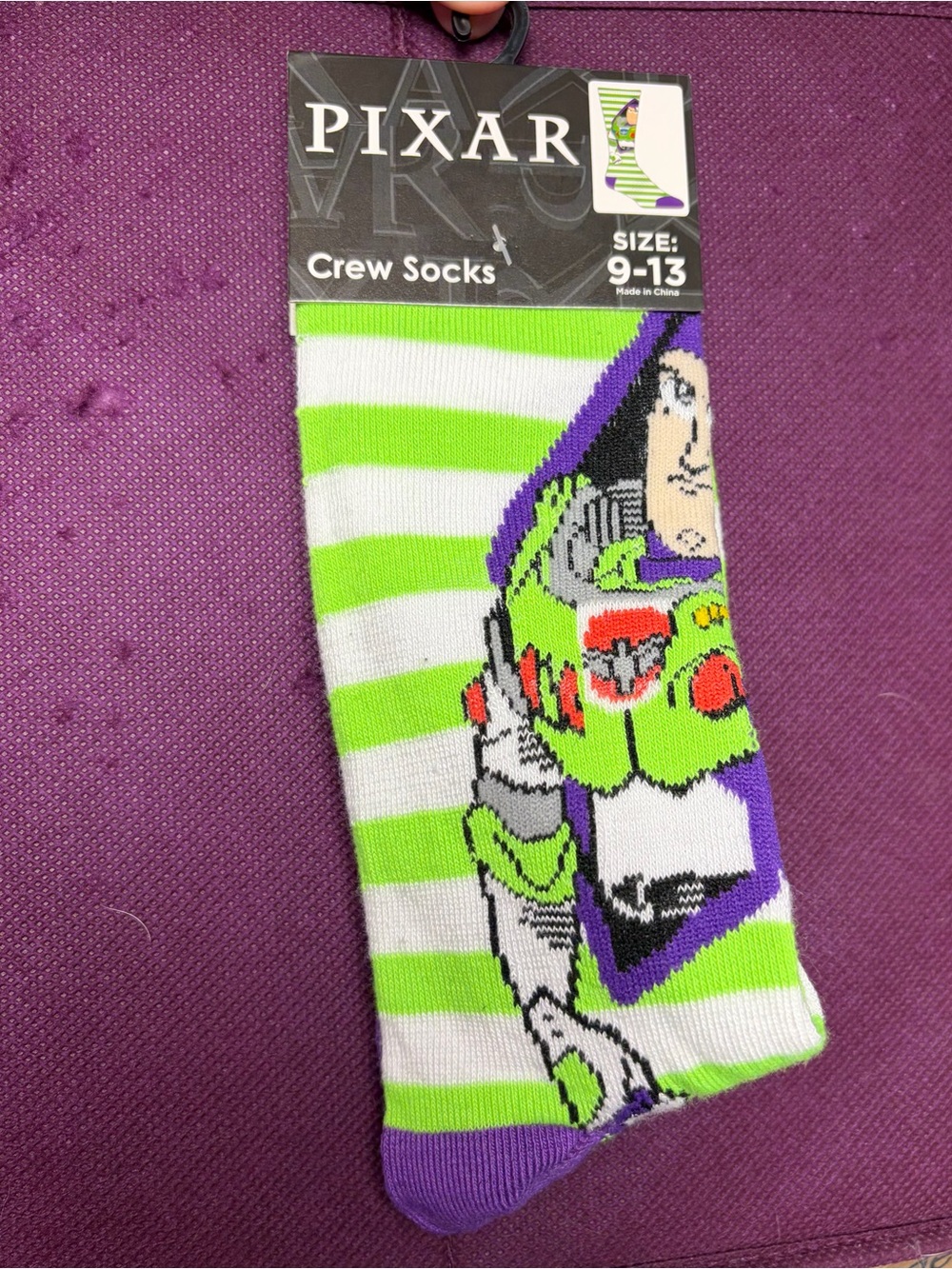 PIXAR Buzz Lightyear Green Stripe Crew Socks - Men Size 9-13
